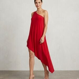 Norma Kamali One Shoulder Asymmetric Drape Red Midi Mini Dress Minimalist NWT XS